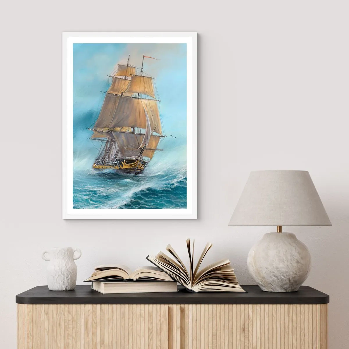 Affiche dans un cadre blanc - Poster - Se précipitant sur les vagues - 30x40 cm