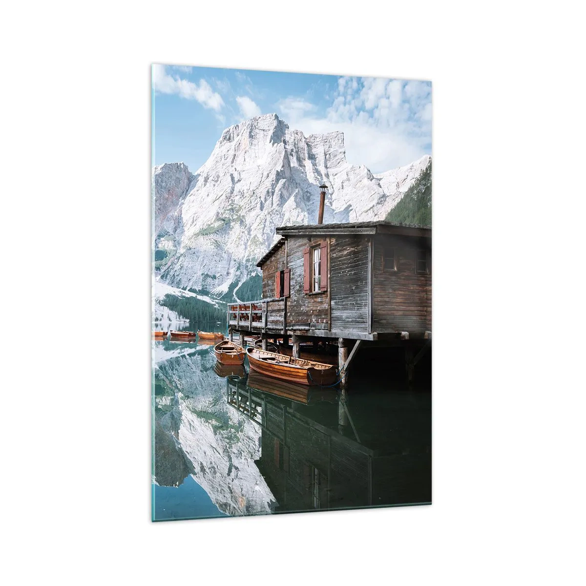 Impression sur verre - Image sur verre - Un chalet en bois au bord d'un lac de montagne tranquille - 70x100cm - Un matin cristallin en montagne - Décoration murale moderne pour le salon et la chambre ARTTOR