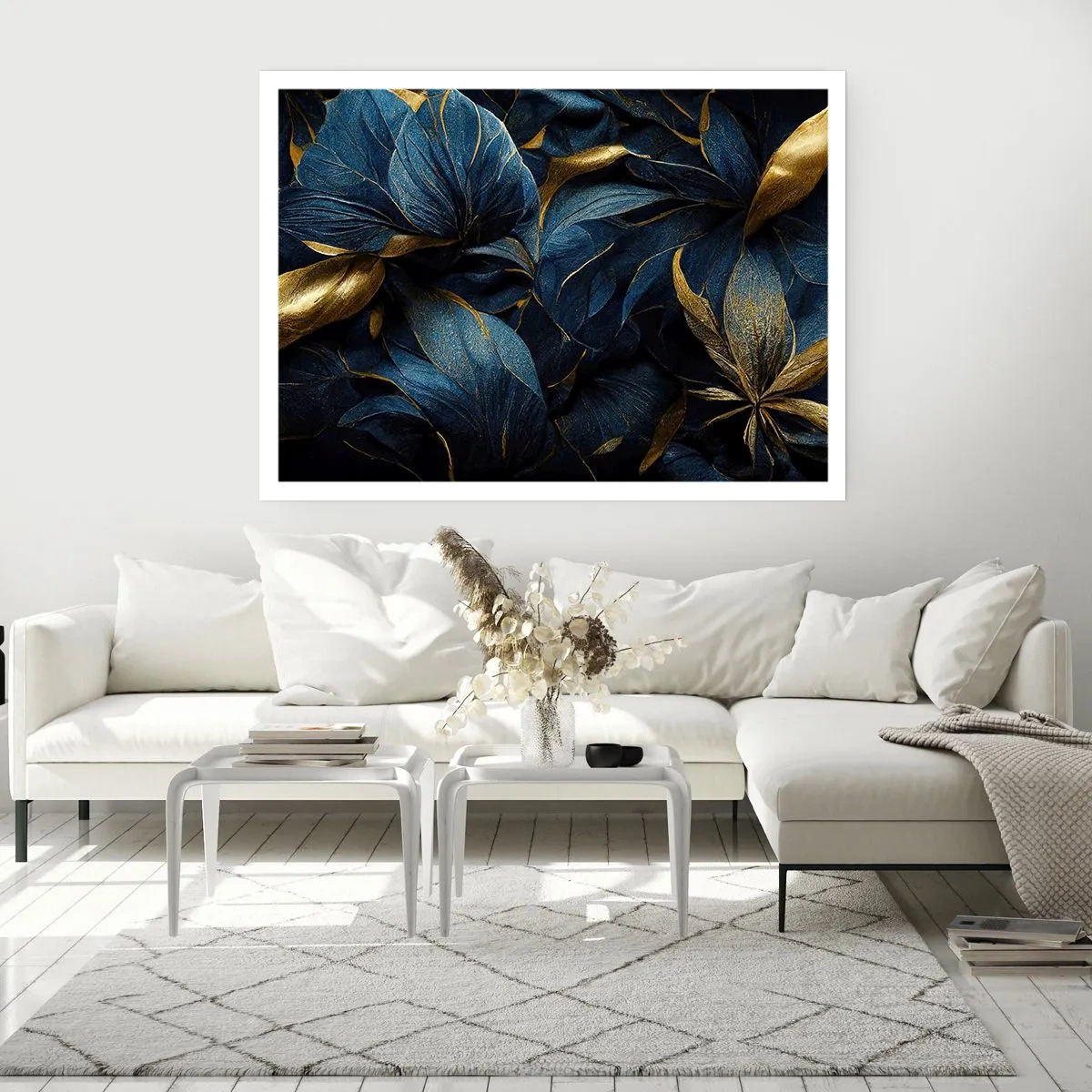 Affiche - Poster - Feuilles élégantes dans des tons dorés et bleu marine - 100x70cm - Des dessous dorés - Décoration murale moderne pour le salon et la chambre ARTTOR