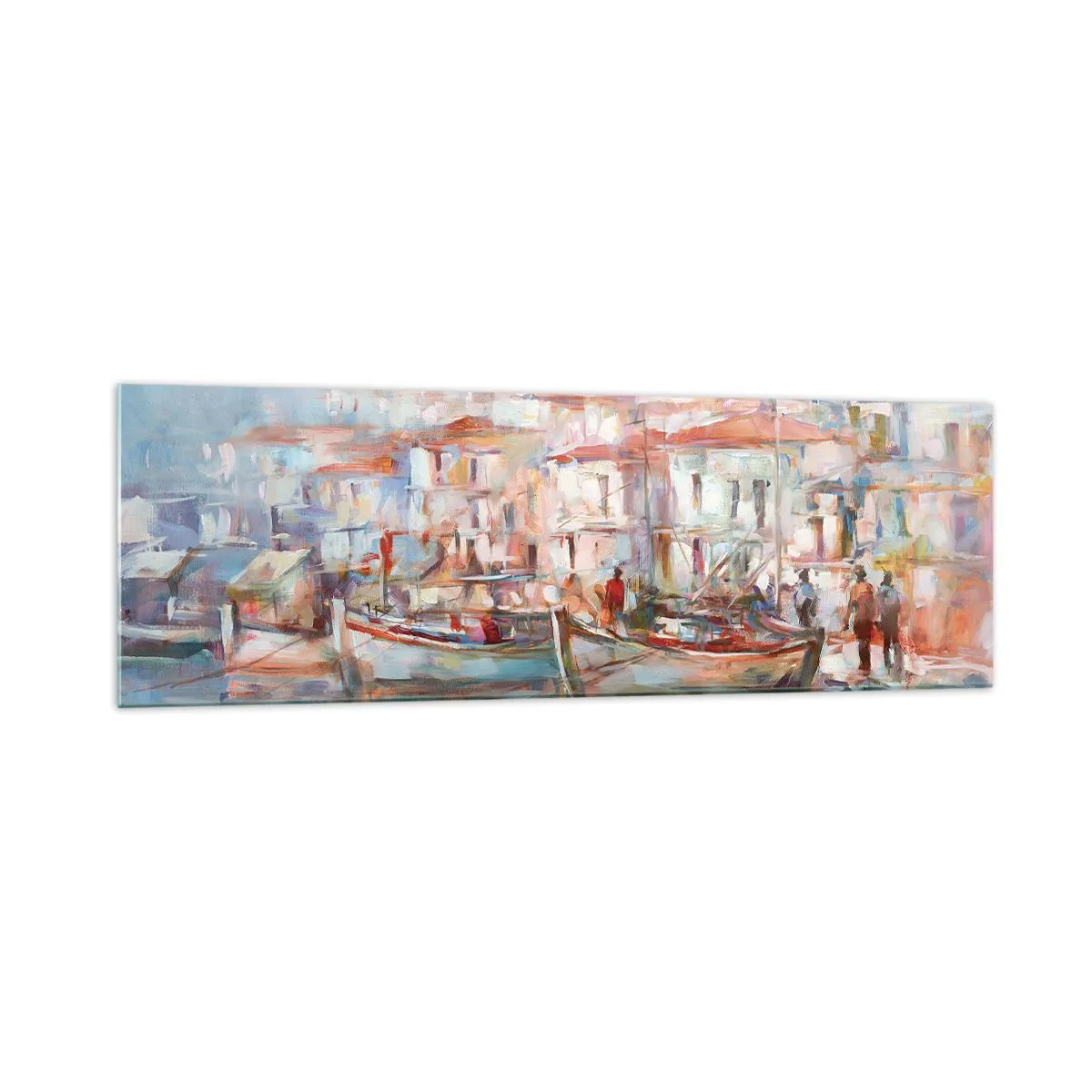 Impression sur verre - Image sur verre - Impression de port avec bateaux et bâtiments - 160x50cm - Vacances pastelles - Décoration murale moderne pour le salon et la chambre ARTTOR