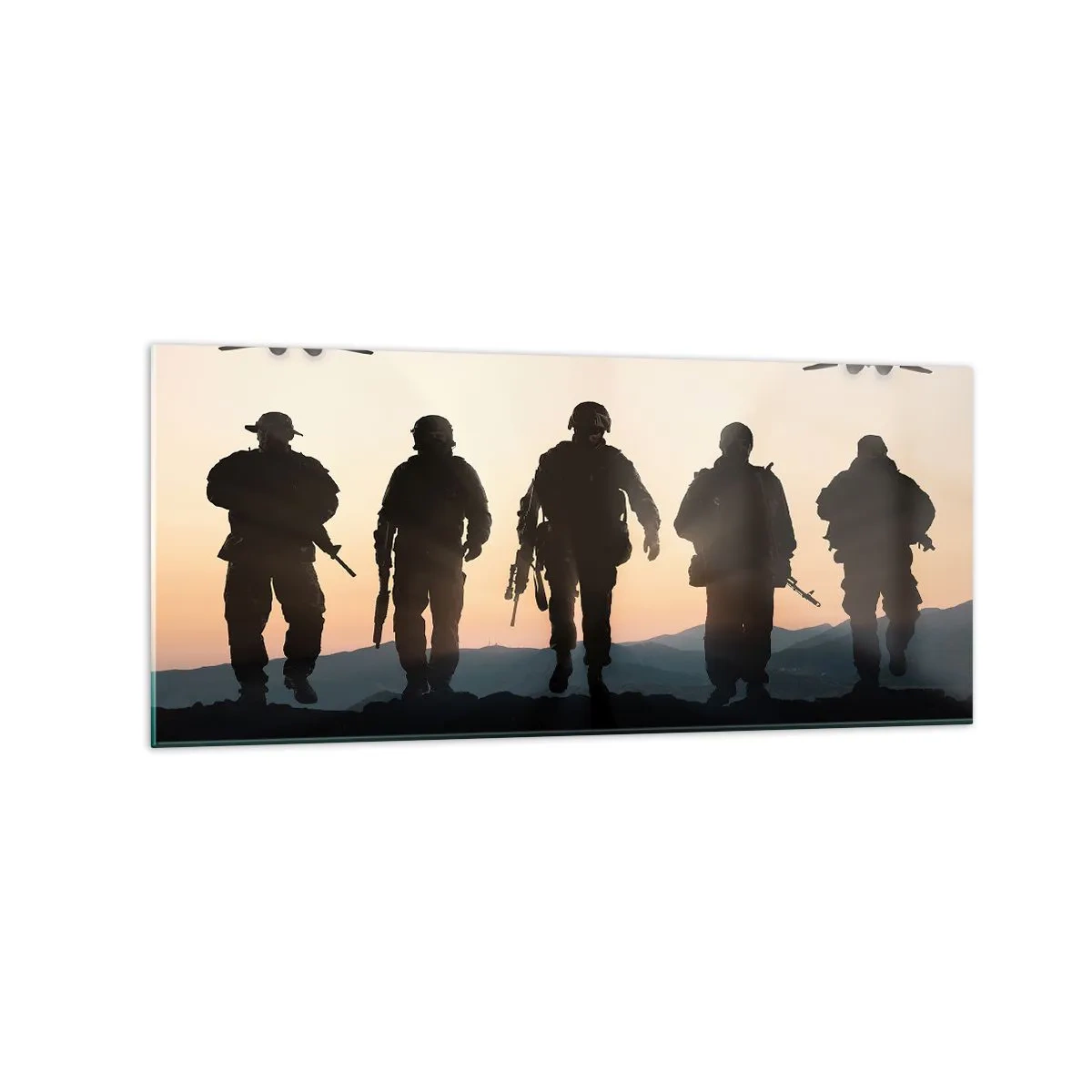Impression sur verre - Image sur verre - Silhouettes de soldats et d'avions de chasse sur fond de coucher de soleil - 120x50cm - Bienvenue dans notre monde - Décoration murale moderne pour le salon et la chambre ARTTOR