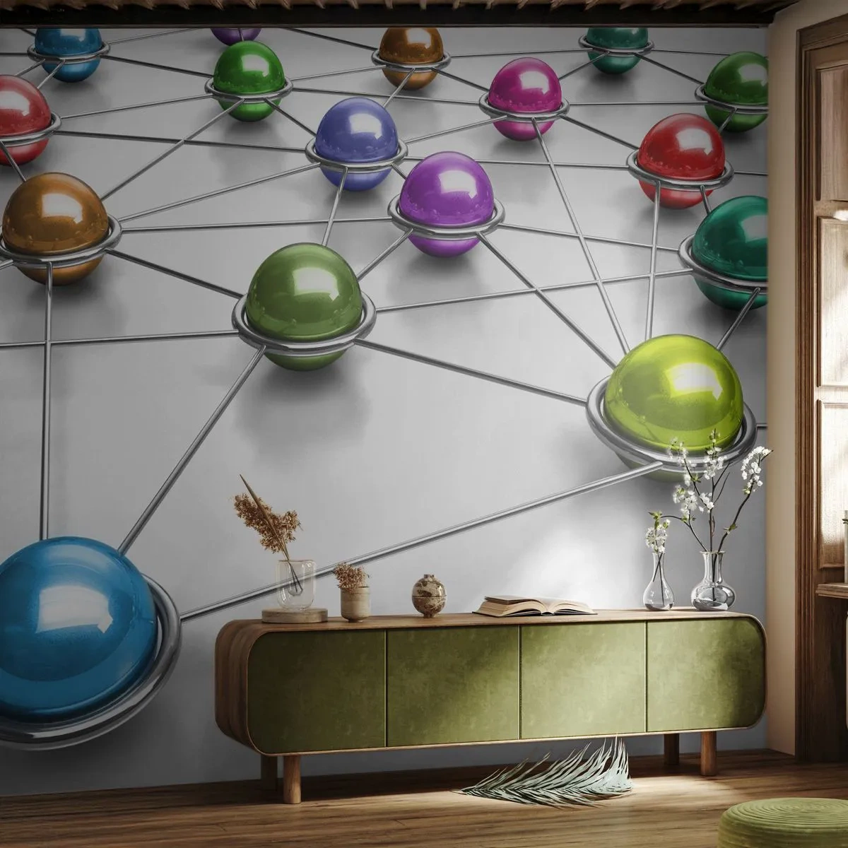 Papier peint sur mesure Standard Eco - Toile d'araignée cosmique - Abstraction, Boules de métal, 3D