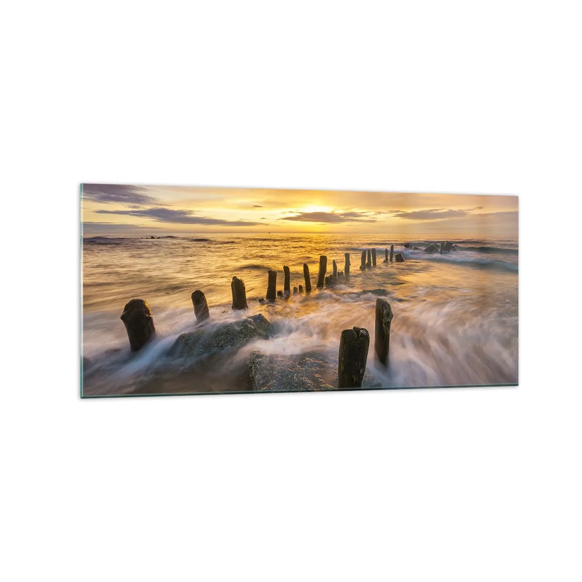 Impression sur verre - Image sur verre - Coucher de soleil sur la mer avec les vestiges d'une ancienne jetée - 120x50cm - La beauté brute de la mer Baltique - Décoration murale moderne pour le salon et la chambre ARTTOR