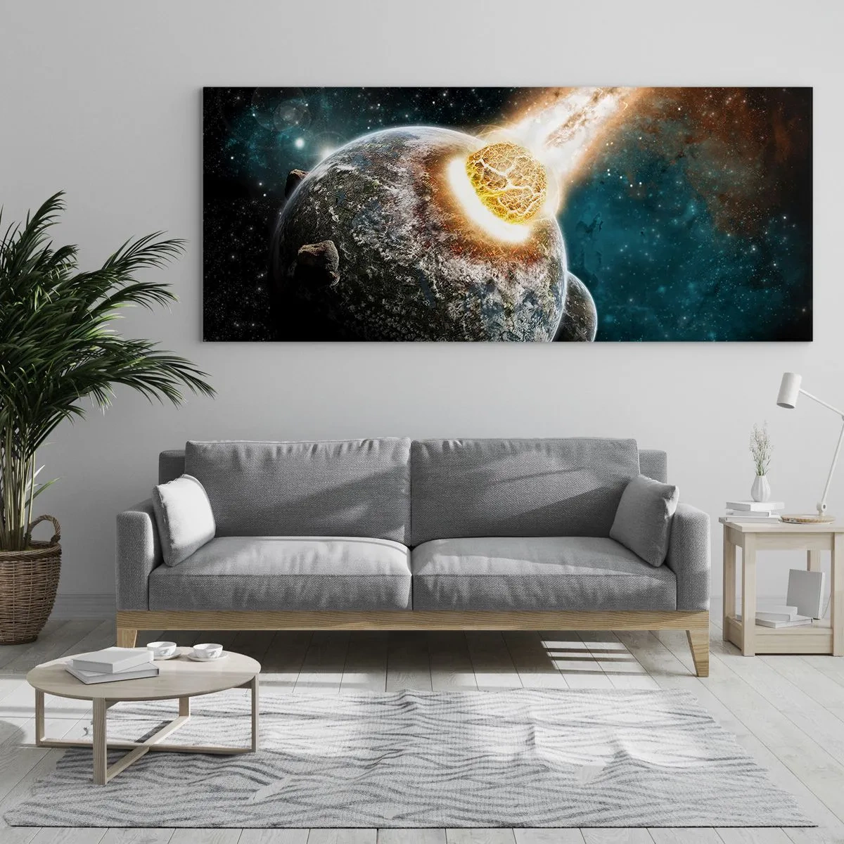 Impression sur verre - Image sur verre - Collision cosmique d'une planète avec un astéroïde à proximité de la galaxie. - 120x50cm - Destruction ou naissance? - Décoration murale moderne pour le salon et la chambre ARTTOR