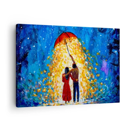 Impression sur toile - Image sur toile - Un couple sous un parapluie rouge sous la pluie lumineuse - 70x50cm - La magie d'une soirée pluvieuse ? - Décoration murale moderne pour le salon et la chambre ARTTOR