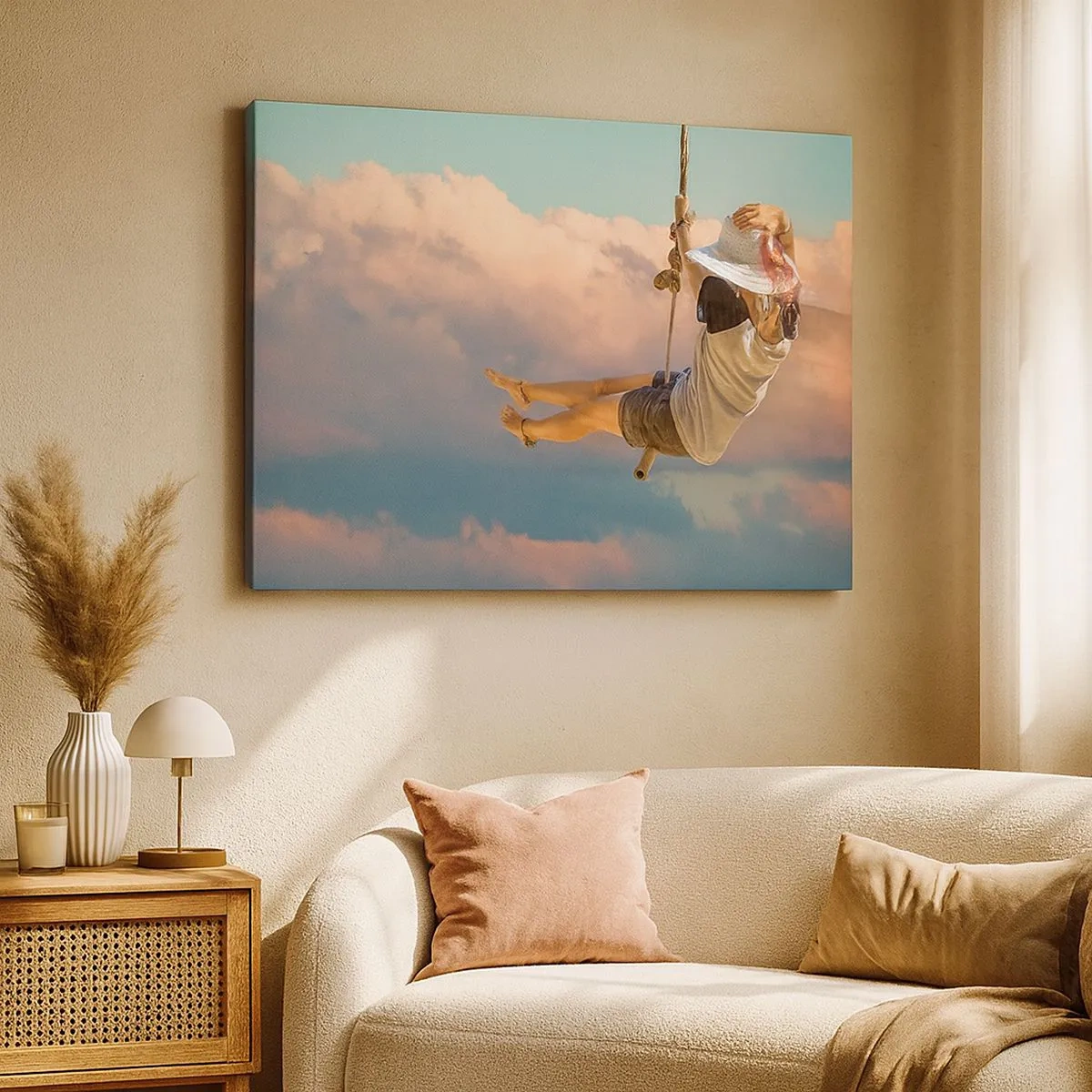 Impression sur toile - Image sur toile - Femme sur une balançoire parmi les nuages roses - 70x50cm - S'amuser dans les nuages - Décoration murale moderne pour le salon et la chambre ARTTOR