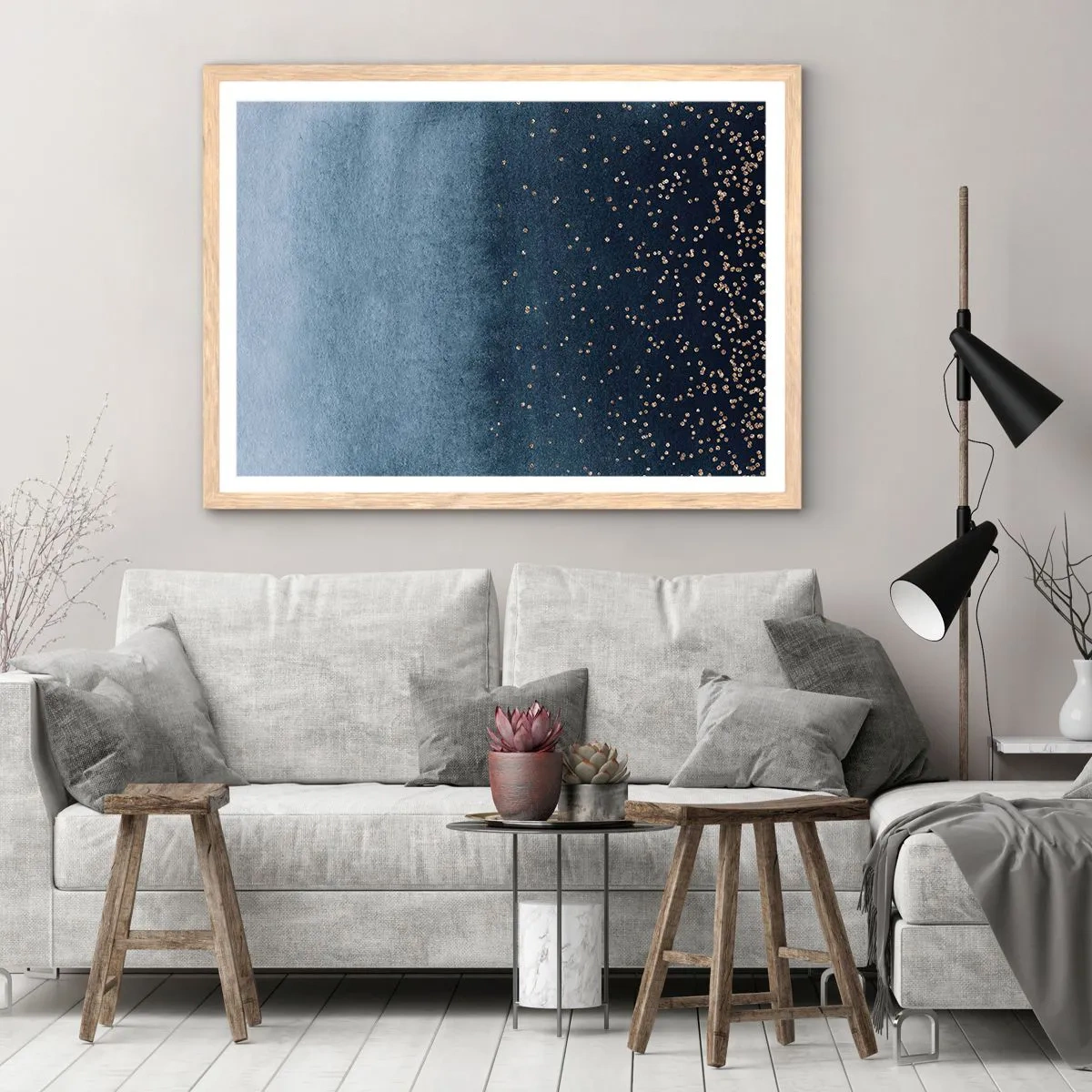 Affiche dans un chêne clair - Poster - Composition - phases bleues - 50x40 cm