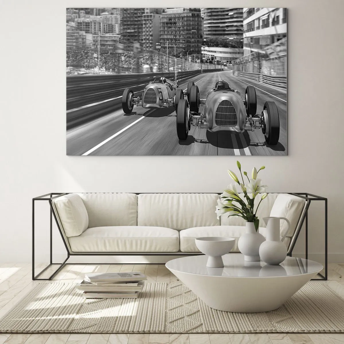 Impression sur verre - Image sur verre - Course automobile historique en noir et blanc - 120x80cm - Il y a longtemps à Monté Carlo - Décoration murale moderne pour le salon et la chambre ARTTOR