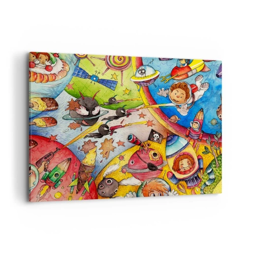 Impression sur toile - Image sur toile - Une scène spatiale colorée pleine d'enfants et de vaisseaux spatiaux - 100x70cm - Grande aventure spatiale - Décoration murale moderne pour le salon et la chambre ARTTOR