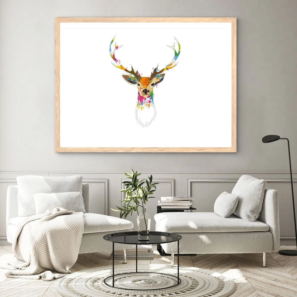 Affiche dans un chêne clair - Poster - Un cerf doux baigné de couleur - 50x40 cm