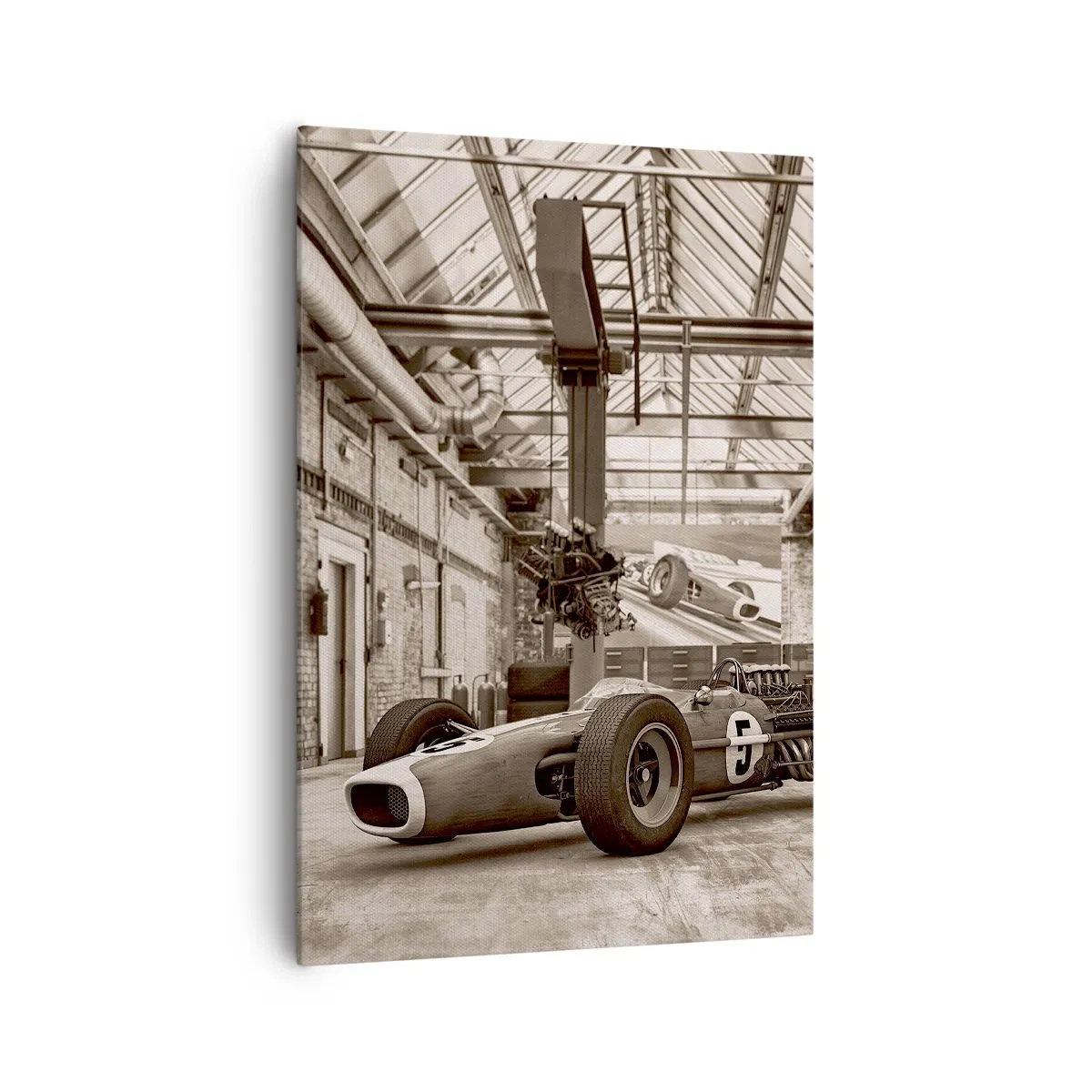 Impression sur toile - Image sur toile - Voiture de course noire et blanche dans un intérieur industriel - 70x100cm - Le repos du guerrier - Décoration murale moderne pour le salon et la chambre ARTTOR