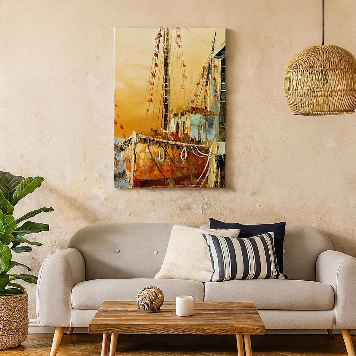 Impression sur toile - Image sur toile - Bateaux sur le rivage dans la chaude lumière du coucher de soleil - 50x70cm - Retour tranquille - Décoration murale moderne pour le salon et la chambre ARTTOR