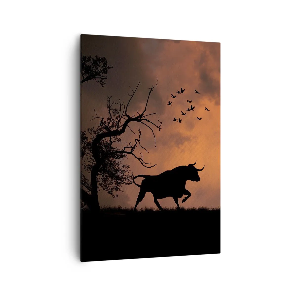 Impression sur toile - Image sur toile - Silhouettes de taureaux sur un ciel orange au coucher du soleil - 70x100cm - Un spectacle dramatique de la nature - Décoration murale moderne pour le salon et la chambre ARTTOR