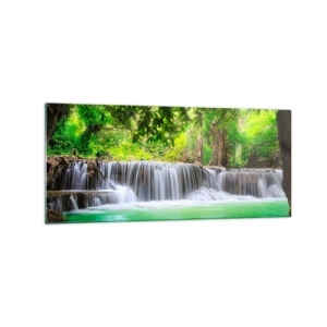 Impression sur verre - Image sur verre - Une cascade verte entourée d'une végétation tropicale dense - 120x50cm - Une cascade de vert - Décoration murale moderne pour le salon et la chambre ARTTOR