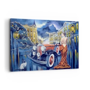 Impression sur toile - Image sur toile - Une femme dans une robe élégante à côté d'une voiture rétro la nuit - 120x80cm - Nocturne en bleu et corail - Décoration murale moderne pour le salon et la chambre ARTTOR