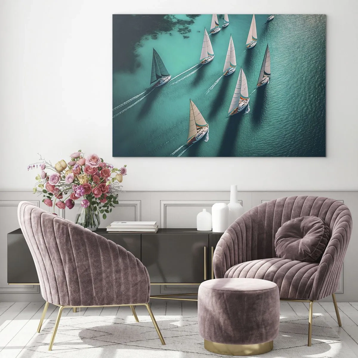 Impression sur verre - Image sur verre - Voiliers sur une eau turquoise capturés à vol d'oiseau - 100x70cm - Dans une compétition avec le vent - Décoration murale moderne pour le salon et la chambre ARTTOR