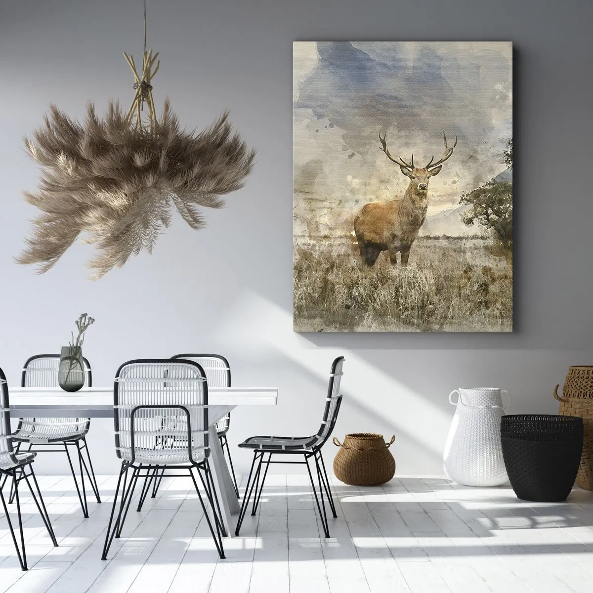 Impression sur toile - Image sur toile - Un cerf dans un cadre naturel dans un style aquarelle - 70x100cm - Dignité - force - majesté - Décoration murale moderne pour le salon et la chambre ARTTOR