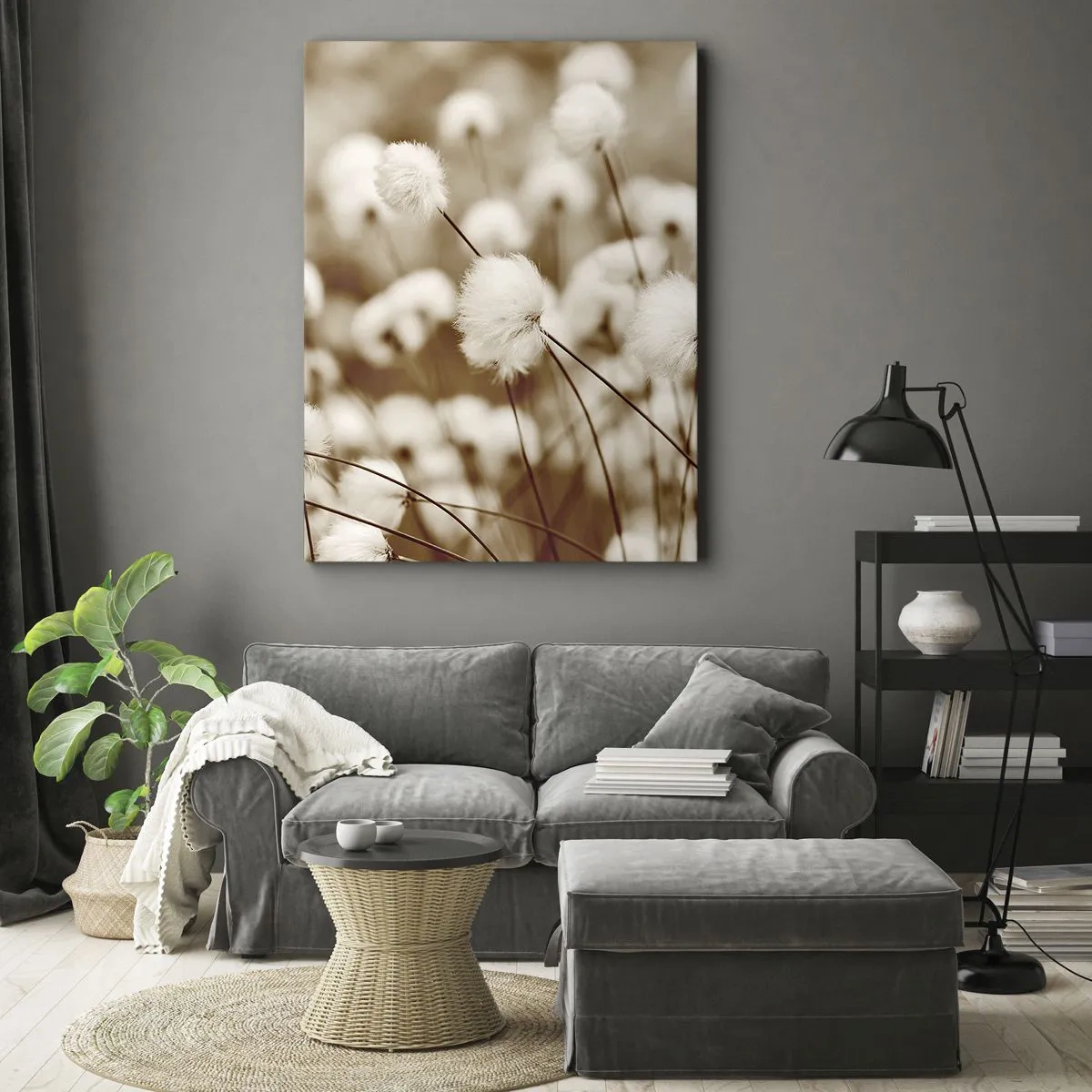 Impression sur toile - Image sur toile - Un champ de plantes délicates aux tons sépia - 70x100cm - Tige moelleuse - Décoration murale moderne pour le salon et la chambre ARTTOR