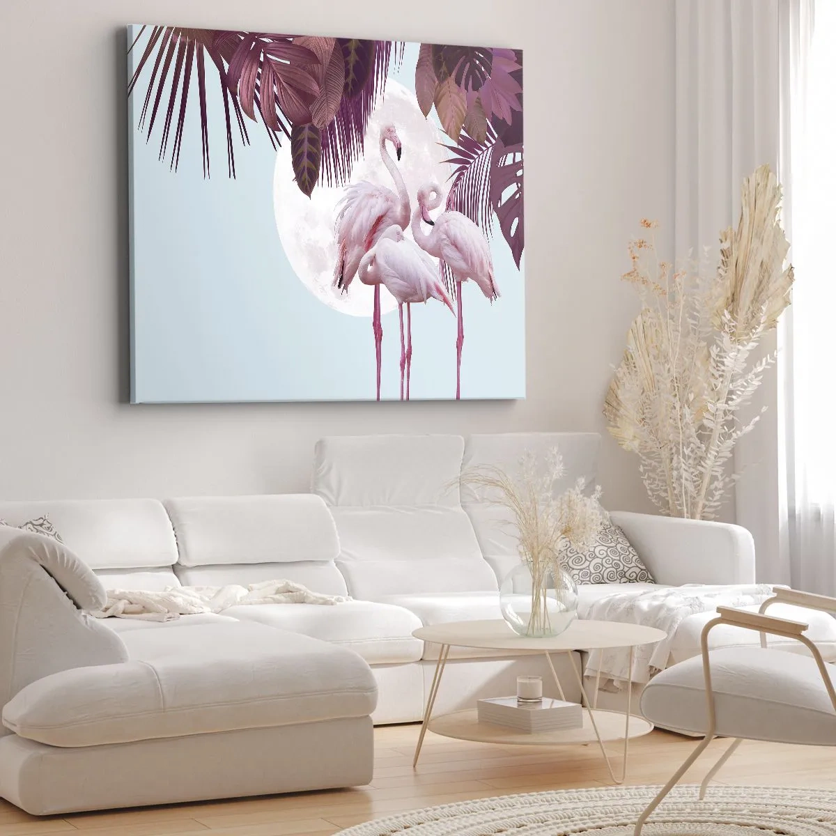 Impression sur toile - Image sur toile - Flamants roses sur fond de lune et de feuilles tropicales - 100x70cm - Trois oiseaux gracieux - Décoration murale moderne pour le salon et la chambre ARTTOR