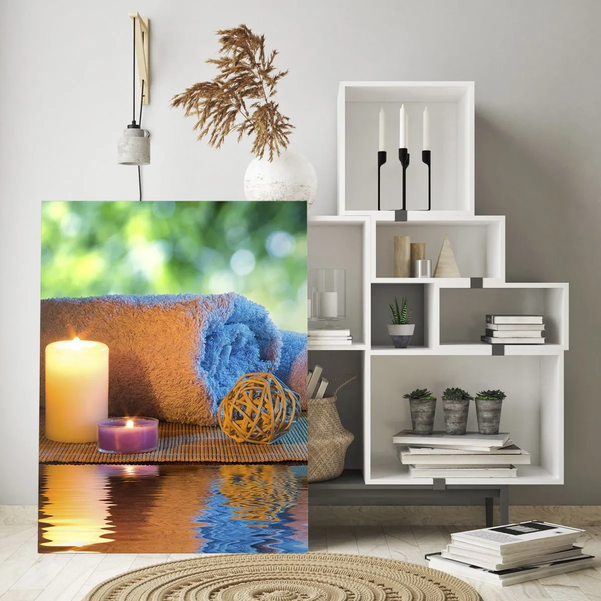 Impression sur verre - Image sur verre - Spa avec serviettes, bougies et pierres dans un décor naturel - 50x70cm - Temps pour le corps - Décoration murale moderne pour le salon et la chambre ARTTOR