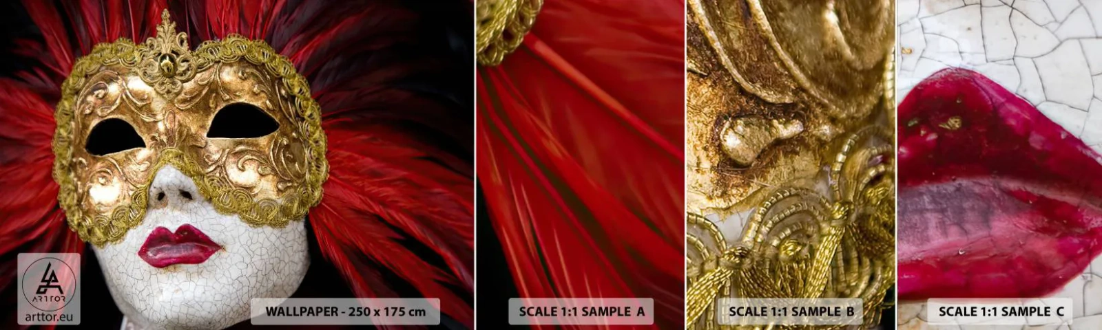 Échantillon de Papier Peint Autocollant Deluxe Sticker - La promesse d'une aventure carnavalesque - Masque vénitien, Morceau, Venise - 100x30 cm