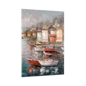 Impression sur verre - Image sur verre - Un port pittoresque avec des voiliers et des maisons colorées - 50x70cm - Havre romantique - Décoration murale moderne pour le salon et la chambre ARTTOR