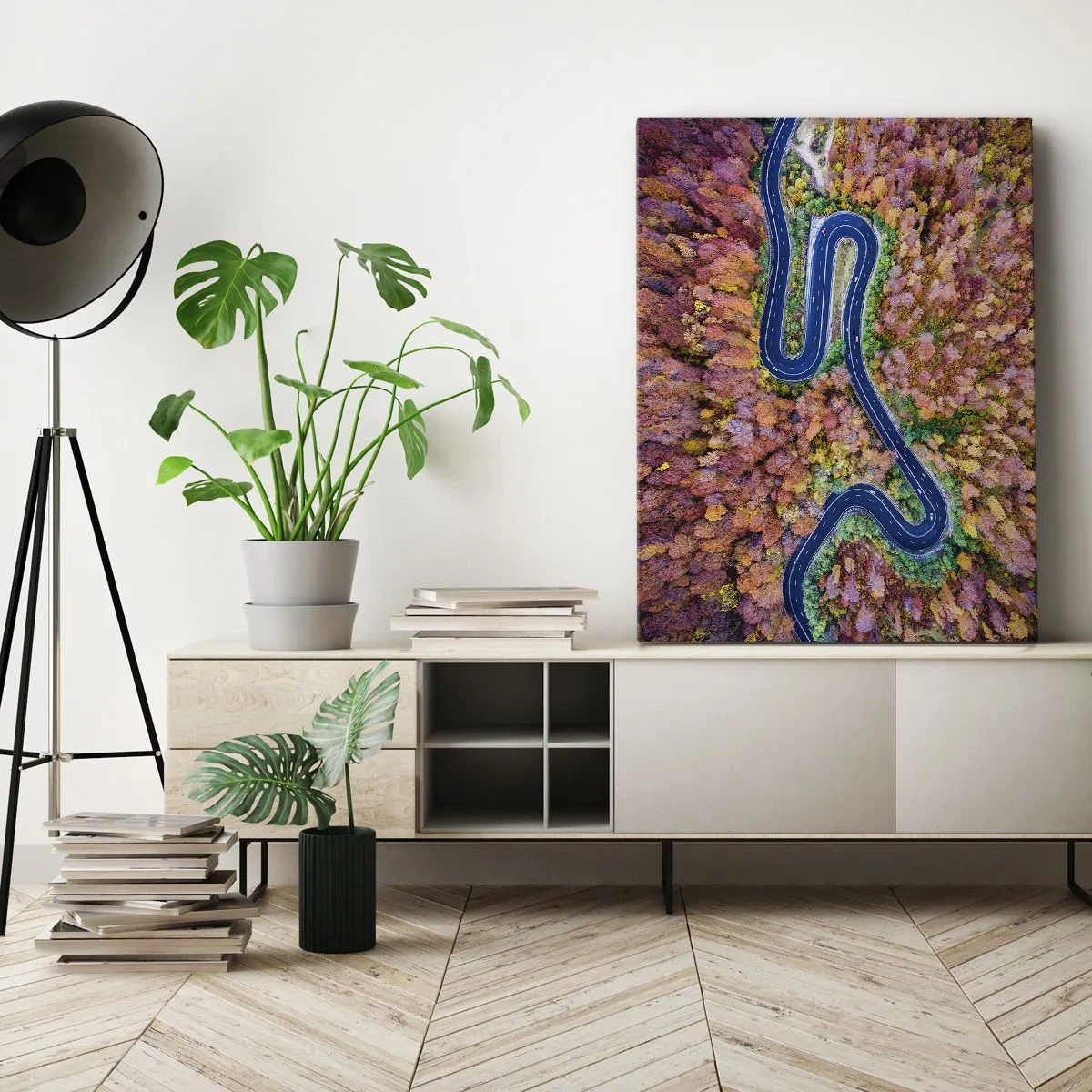 Impression sur toile - Image sur toile - Une route sinueuse dans une forêt d'automne vue à vol d'oiseau - 70x100cm - Route sinueuse à travers la forêt - Décoration murale moderne pour le salon et la chambre ARTTOR