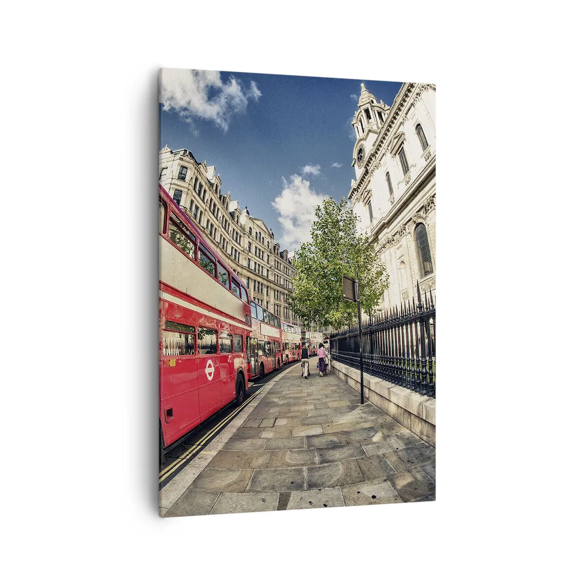 Impression sur toile - Image sur toile - Bus rouge à impériale à Londres près de la rue et de la cathédrale - 70x100cm - Rue de Londres en gris et rouge - Décoration murale moderne pour le salon et la chambre ARTTOR