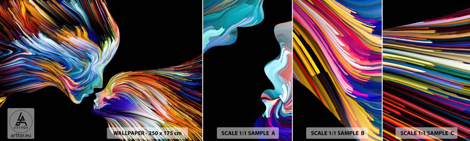 Échantillon de Papier Peint Autocollant Deluxe Sticker - Une fusion d'énergie et de lumière - Abstraction, Visage de femme, Morceau - 100x30 cm