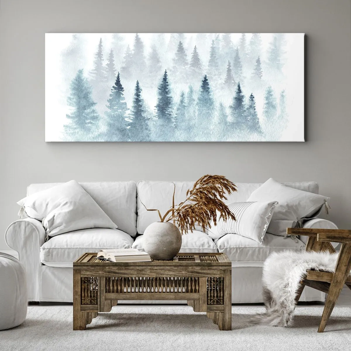Impression sur toile - Image sur toile - Forêts de conifères baignées d'un brouillard délicat - 120x50cm - Enveloppé de brouillard - Décoration murale moderne pour le salon et la chambre ARTTOR