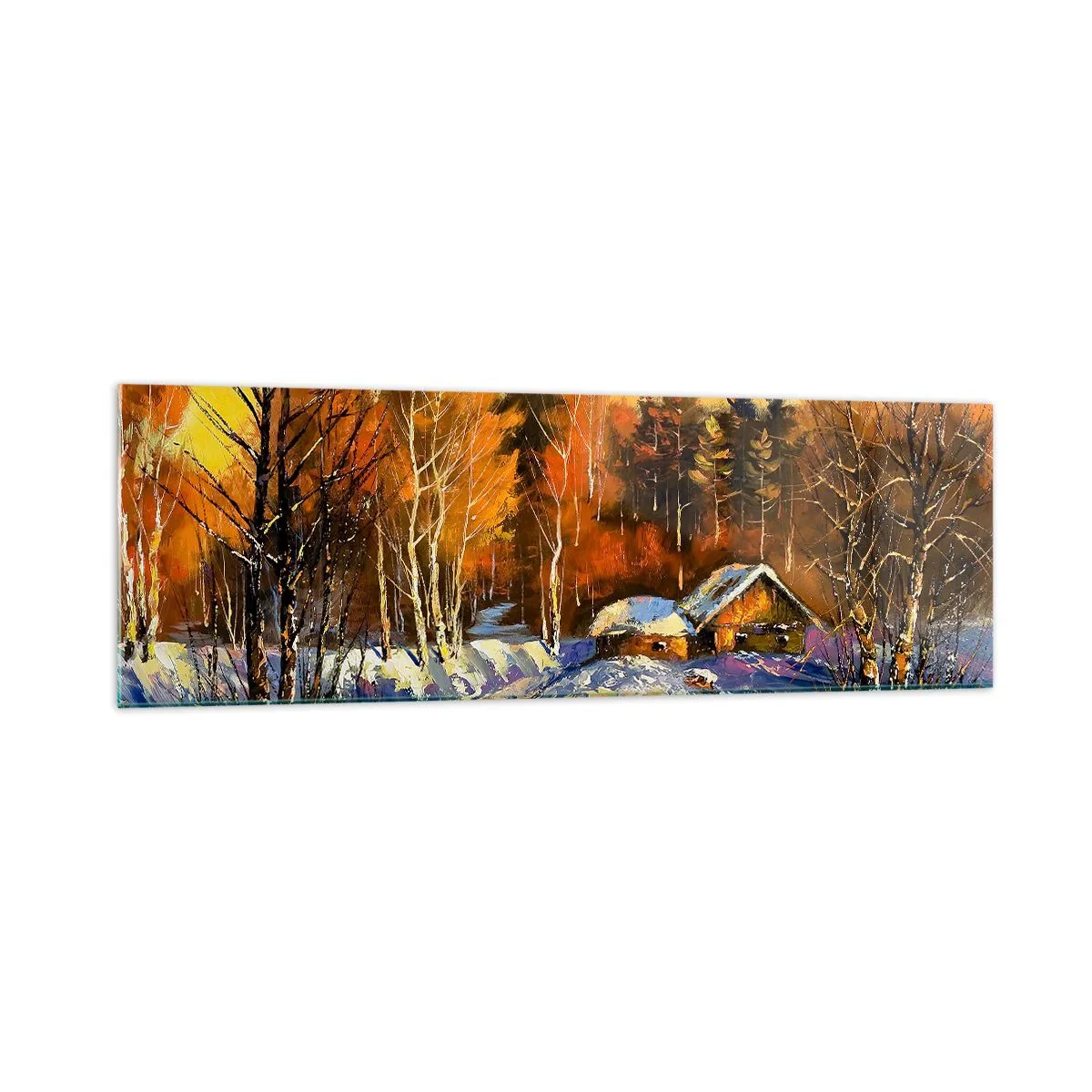 Impression sur verre - Image sur verre - Paysage d'hiver avec une maison à la lumière du soleil couchant - 160x50cm - Impression d'hiver au soleil - Décoration murale moderne pour le salon et la chambre ARTTOR