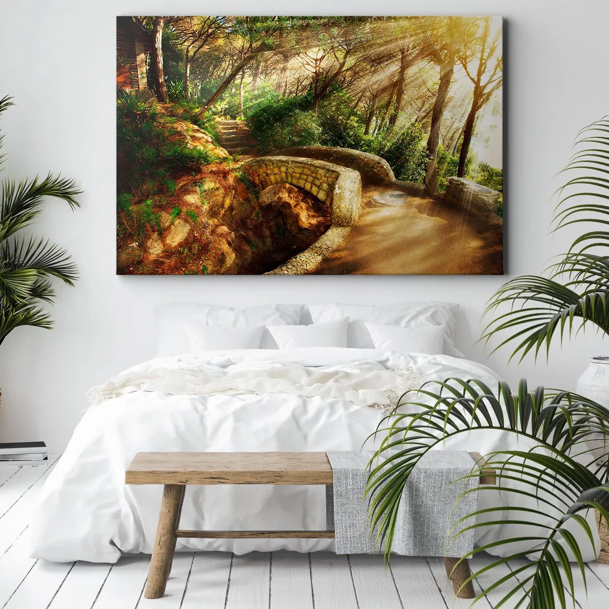 Impression sur toile - Image sur toile - Paysage forestier avec des rayons de soleil et un pont de pierre - 120x80cm - Directement du pont dans une forêt de conte de fées - Décoration murale moderne pour le salon et la chambre ARTTOR