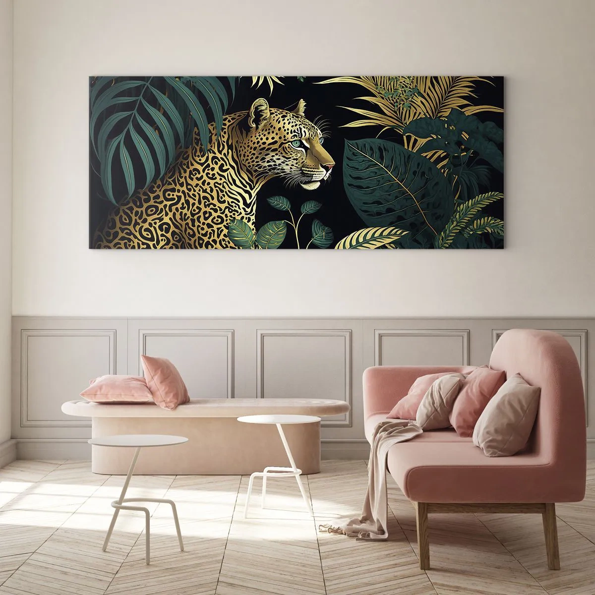 Impression sur verre - Image sur verre - Léopard dans des feuilles tropicales sur fond noir - 140x50cm - Un hôte dans la jungle - Décoration murale moderne pour le salon et la chambre ARTTOR