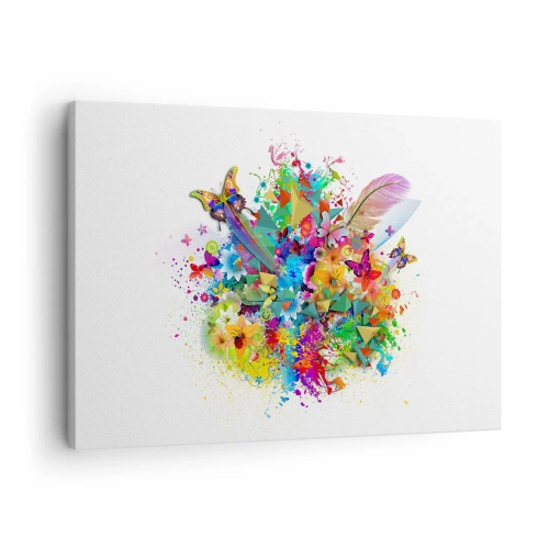 Impression sur toile - Image sur toile - Motif coloré avec des fleurs et des papillons - 70x50cm - Un bouquet de joie - Décoration murale moderne pour le salon et la chambre ARTTOR
