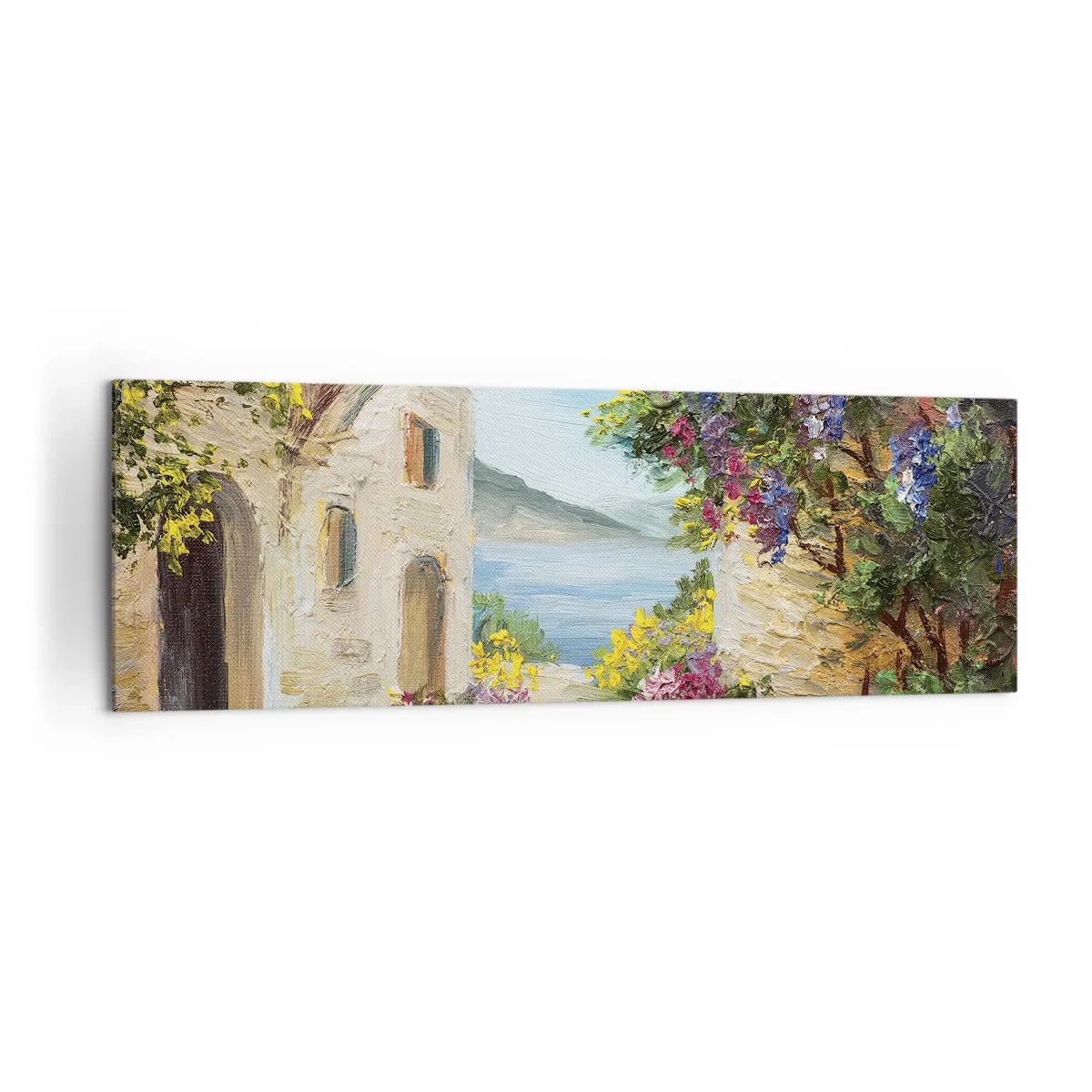Impression sur toile - Image sur toile - Paysage de bord de mer avec des bâtiments en pierre et des fleurs - 160x50cm - Le charme d'une province côtière - Décoration murale moderne pour le salon et la chambre ARTTOR