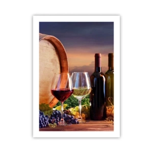 Affiche - Poster - Bouteilles et verres de vin sur fond de tonneau et de coucher de soleil - 50x70cm - Ici la vie a du goût - Décoration murale moderne pour le salon et la chambre ARTTOR