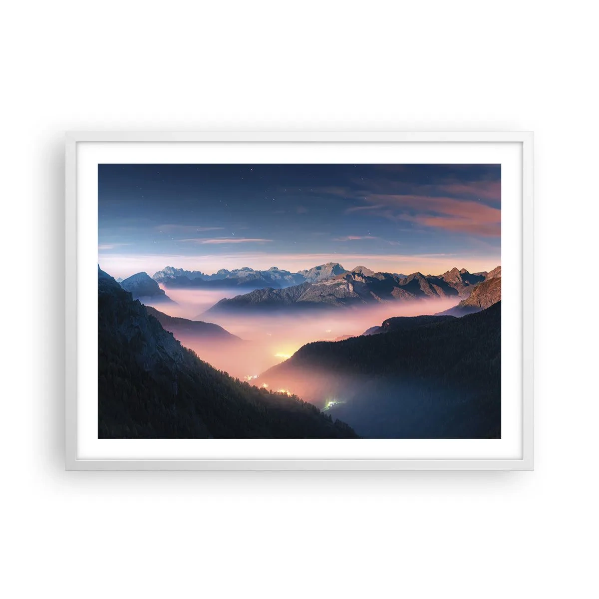 Affiche dans un cadre blanc - Poster - Lumière dans les vallées - 70x50 cm