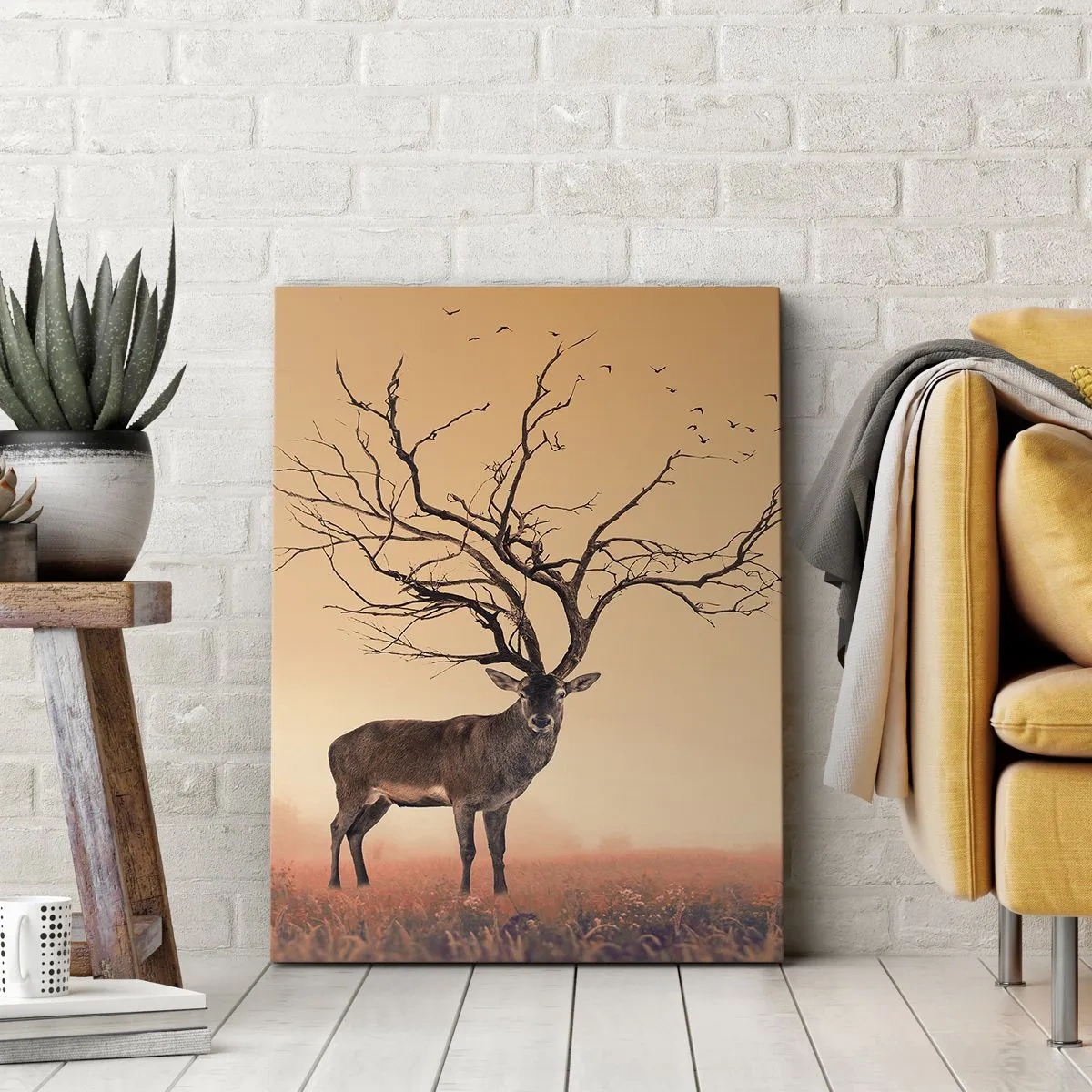 Impression sur toile - Image sur toile - Un graphique de cerf fantaisie avec des branches au lieu de bois - 70x100cm - Cerf de Pra - l'esprit éternel de la forêt - Décoration murale moderne pour le salon et la chambre ARTTOR