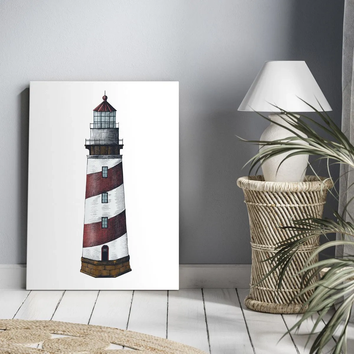 Impression sur toile - Image sur toile - Une image de dessin animé d'un phare avec des rayures rouges et blanches sur un fond minimaliste. - 80x120cm - Toujours sur ses gardes - Décoration murale moderne pour le salon et la chambre ARTTOR
