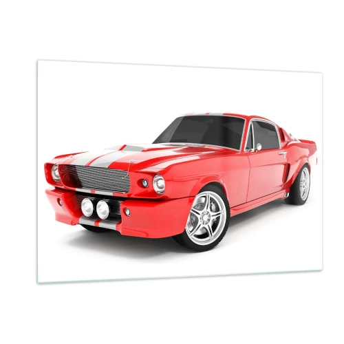 Impression sur verre - Image sur verre - Voiture de sport Mustang classique rouge - 120x80cm - Une Mustang aussi rapide que le vent - Décoration murale moderne pour le salon et la chambre ARTTOR