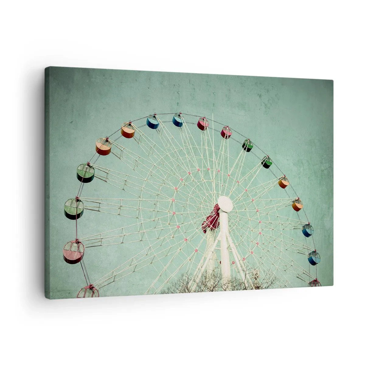 Impression sur toile - Image sur toile - Une grande roue colorée contre un ciel bleu dans un style rétro - 70x50cm - Nous vous invitons à vous amuser - Décoration murale moderne pour le salon et la chambre ARTTOR