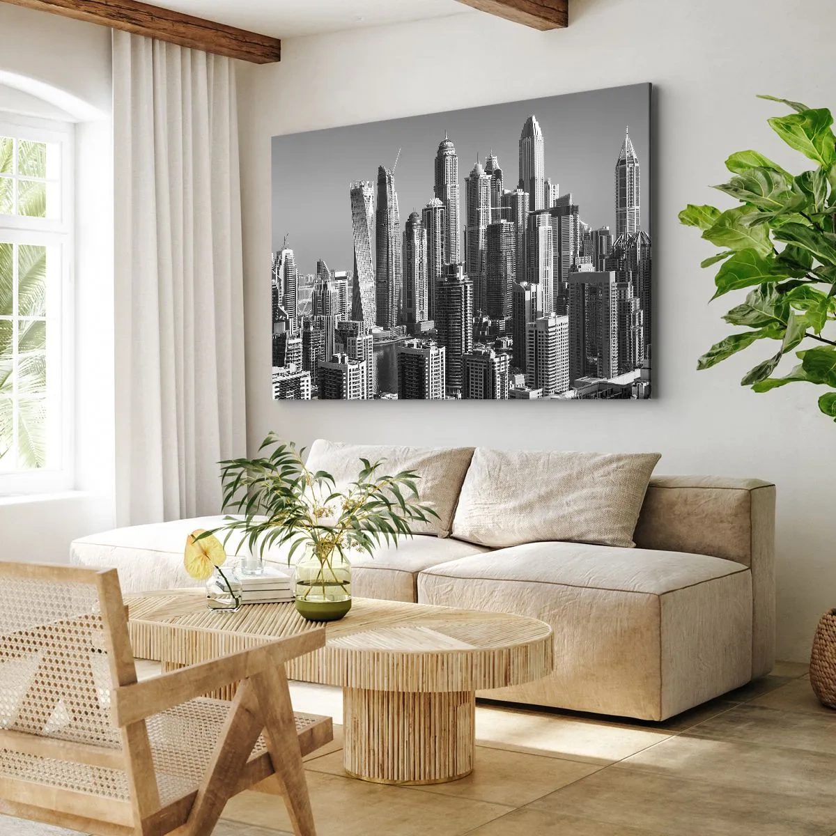 Impression sur toile - Image sur toile - Panorama de gratte-ciels modernes aux tons monochromes - 70x50cm - Ville sur le désert - Décoration murale moderne pour le salon et la chambre ARTTOR