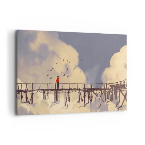 Impression sur toile - Image sur toile - Une silhouette sur un pont parmi les nuages avec des oiseaux dans le ciel - 120x80cm - Bleu nostalgie - Décoration murale moderne pour le salon et la chambre ARTTOR