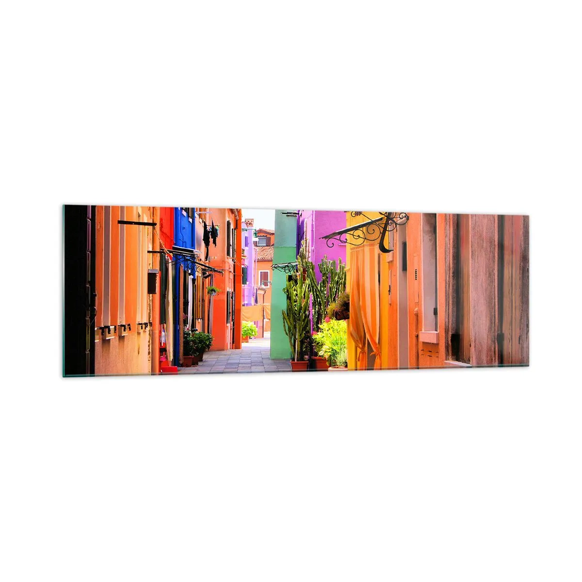Impression sur verre - Image sur verre - Une rue colorée avec des immeubles aux tons clairs - 160x50cm - Allée arc-en-ciel - Décoration murale moderne pour le salon et la chambre ARTTOR