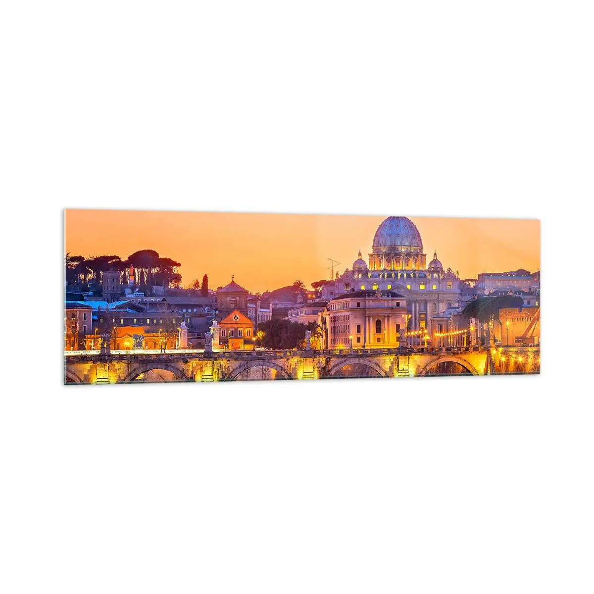 Impression sur verre - Image sur verre - Panorama du Vatican au coucher du soleil avec un pont sur la rivière - 160x50cm - Coucher de soleil sur la ville éternelle - Décoration murale moderne pour le salon et la chambre ARTTOR