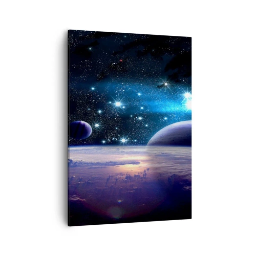 Impression sur toile - Image sur toile - Une vue de l'espace avec des planètes et des étoiles - 50x70cm - Toujours seul? - Décoration murale moderne pour le salon et la chambre ARTTOR
