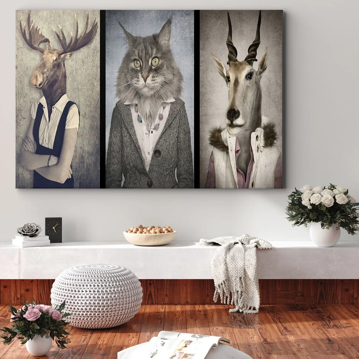 Impression sur toile - Image sur toile - Un triptyque avec des figures animales en vêtements élégants sur un fond stylisé - 100x70cm - La fourrure revient à la mode - Décoration murale moderne pour le salon et la chambre ARTTOR