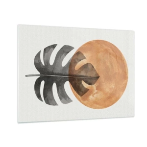 Impression sur verre - Image sur verre - Feuille de Monstera et cercle orange dans un style graphique sur fond blanc. - 70x50cm - Toujours le soleil - Décoration murale moderne pour le salon et la chambre ARTTOR
