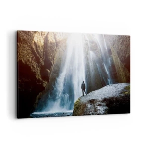 Impression sur toile - Image sur toile - Une silhouette sur fond de cascade majestueuse dans une gorge rocheuse - 120x80cm - Restauration des proportions - Décoration murale moderne pour le salon et la chambre ARTTOR