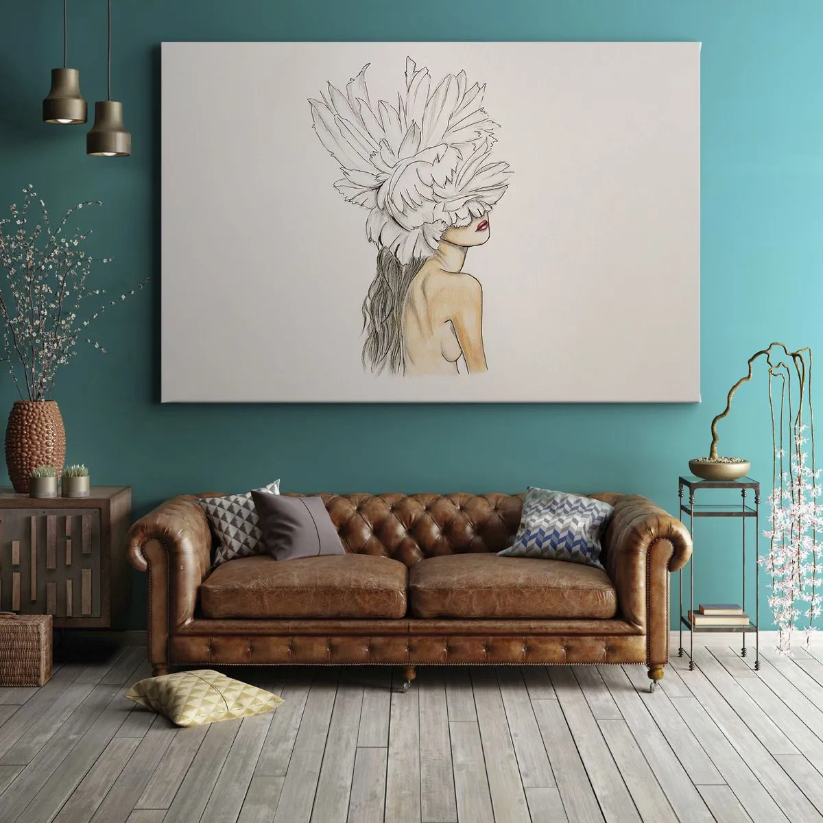 Impression sur toile - Image sur toile - Portrait d'une femme avec décoration de plumes dans un style artistique - 100x70cm - Beauté couronnée - Décoration murale moderne pour le salon et la chambre ARTTOR